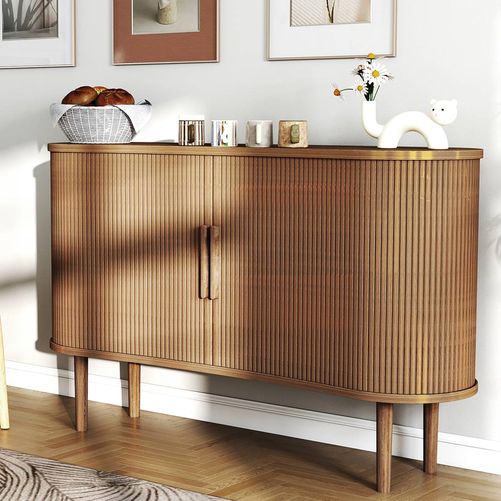 Photo 1 of ***Loose Hardware In Box*** AraSyleon 55 Inch Buffet Cabinet, Sideboard with Storage Mid Fluted Sliding Doors Accent Storage Cabinet for Dining Room, Kitchen, Living Room, Walnut