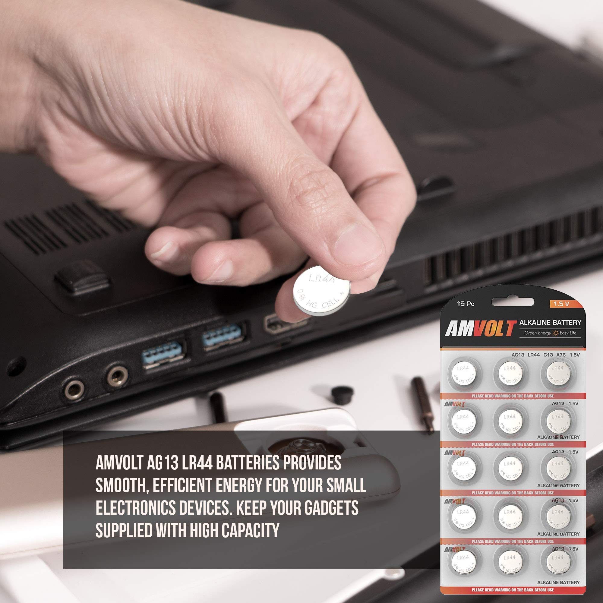 AmVolt- Pack of 15 LR44 Batteries AG13 SR44 357 303 Premium Alkaline Non Rechargeable Button Battery, 1.5 Volt Small Batteries for Watches Clocks & Electronic Devices