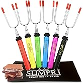 SUMPRI-Smores Sticks For Fire Pit [Set of 6] - Marshmallow Roasting Sticks For Campfire, Rotating Smore Sticks - Safe, Fun Telescoping Multicolored 34 Inch Hot Dog Sticks - Long Camping Skewers