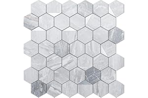 DICOFUN 10-Sheet Hexagon Tile Peel and Stick Backsplash, Grey Marble Look PVC Mixed Silver Metal Mosaic Tiles for Kitchen and