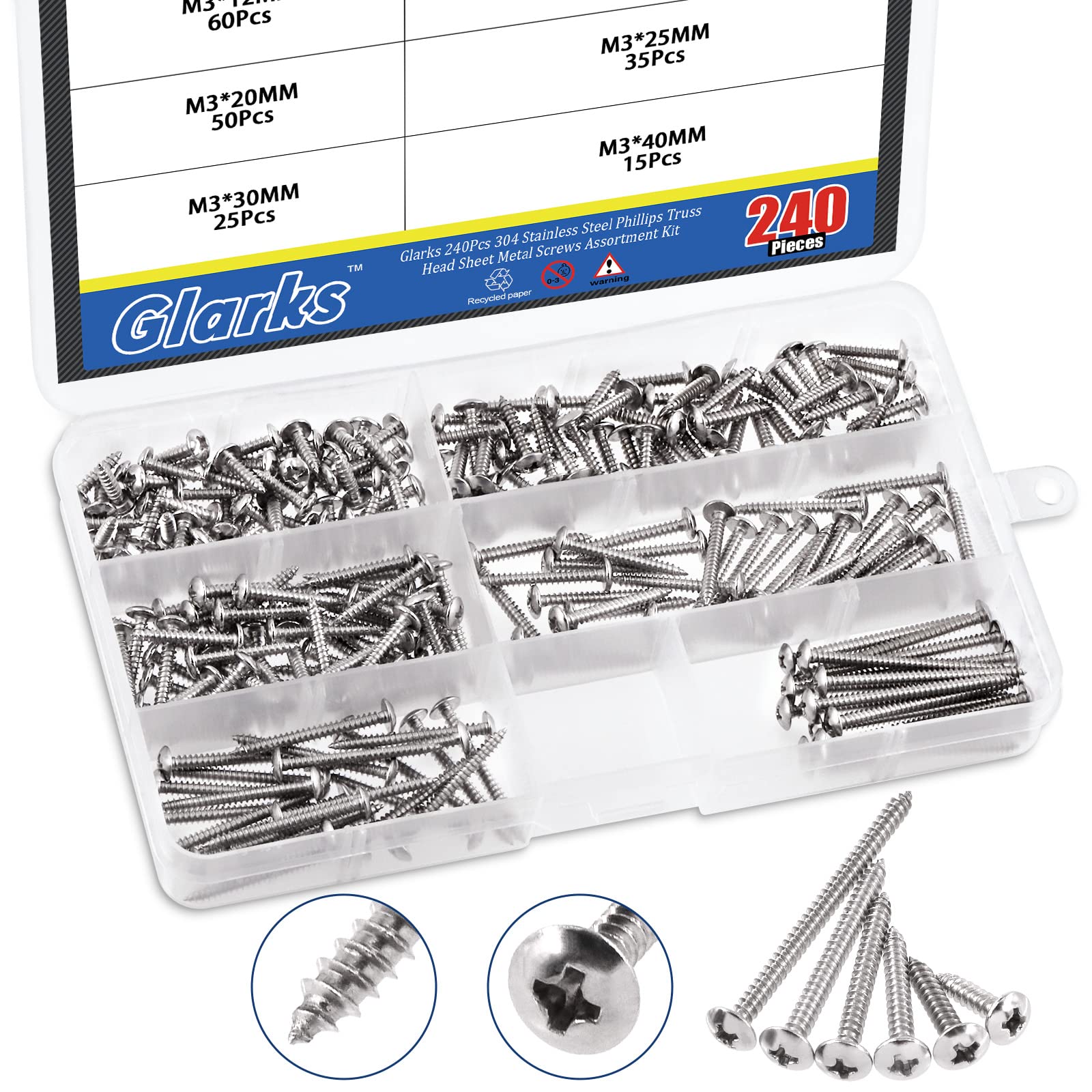 Glarks 240Pcs M3x12mm/16mm/20mm/25mm/30mm/40mm 304 Stainless Steel Phillips Truss Head Sheet Metal Tek Screws Assortment Kit, 6 Size Metric Pan Head Self Tapping Wood Screws Set