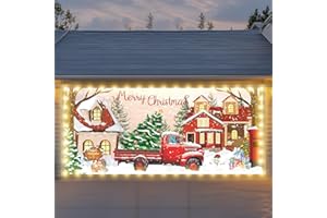VRAINITO 7x16ft Christmas Garage Door Cover With LED String Lights - 2024 Double Door Decorations, Large Banner for Outdoor Holiday Decor (Red-1)