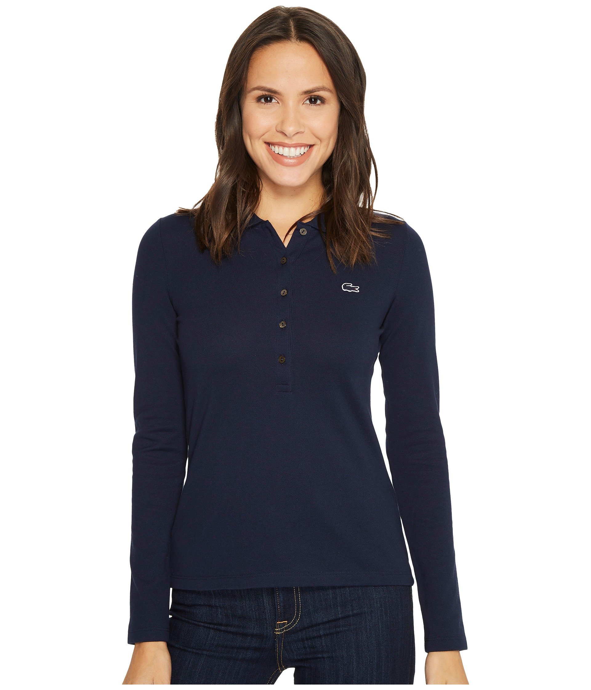 Womens Long Sleeve Slim Fit Stretch Mini Piqué Polo Shirt