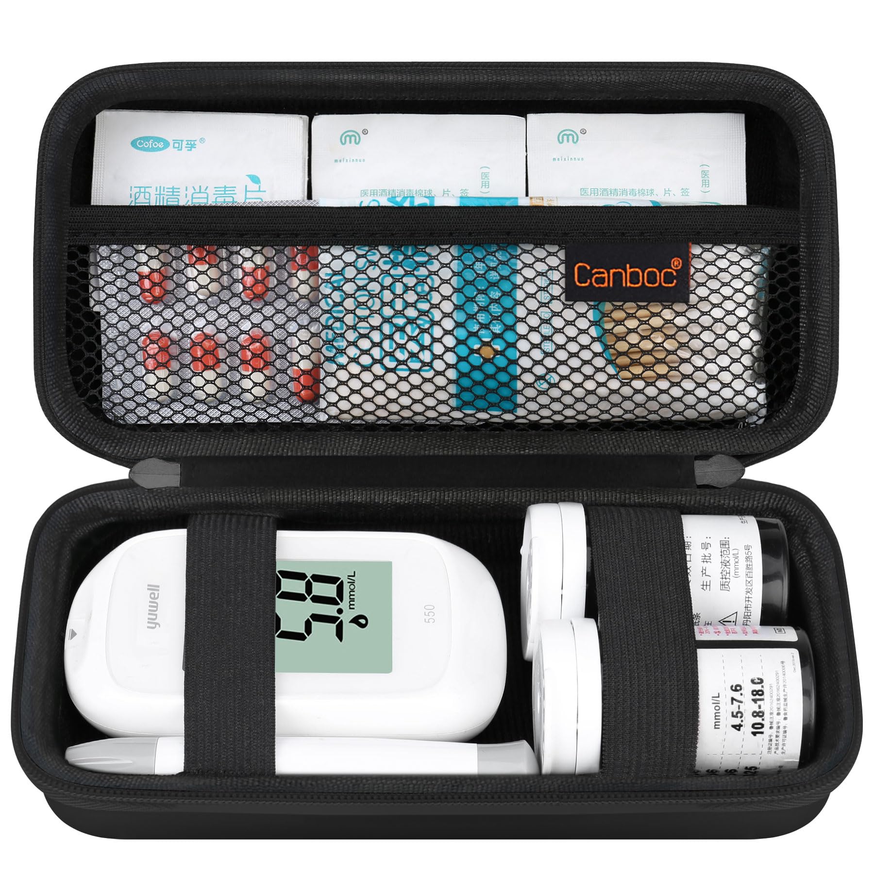 Canboc Diabetic Supplies Case, Carrying Organizer for Glucose Meter, Lancing Device, Blood Sugar Test Strips, Lancets, Insulin Pens, Alcohol Wipe and Other Diabetes Care Accessories, Black