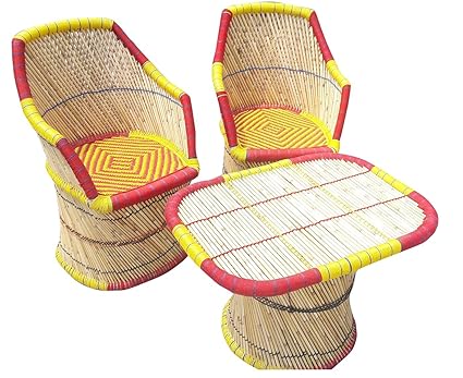 PatioStack Bamboo Outdoor Vintage Rattan & Wicker Sitting Table Chair Furniture Set for Garden / Terrace / Lawn and Living Room [ 2 Chair, 1 Table ]