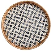 Tynulox Round Rattan Tray with Mother of Pearl Inlay, Rattan Serving Tray for Coffee, Bread, Fruits, Decorative Wicker Tray for Table Decor, Home Decor, Kitchen Island Decor(Black Checkerboard, 11.8")
