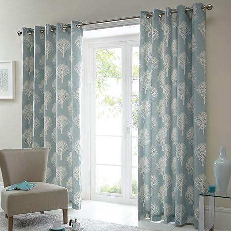 Just Contempo Woodland Trees Eyelet Lined Curtains Duck Egg Blue