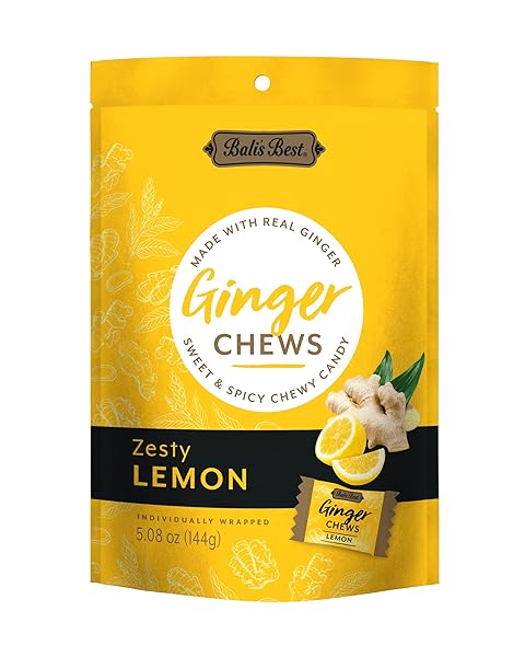 BALI’S BEST GINGER CHEWS, ZESTY LEMON FLAVOR, 5.08 OZ, INDIVIDUALLY WRAPPED SOFT CANDY, MADE WITH 100% REAL GINGER, DIGESTIVE HEALTH SUPPORT, UPSET STOMACH RELIEF, HALAL