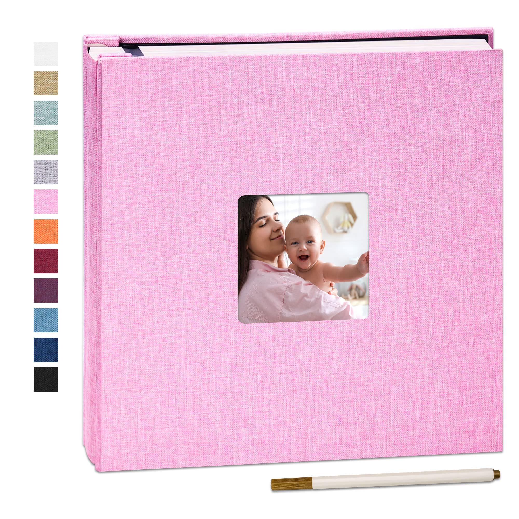 Yopih Self Adhesive Photo Album 33x32cm Fits 10x15 8x13 13x18 15x20 20x25 cm Photo Scrapbook with Window 40 Pages Linen Cover with A Metallic Pen DIY Memory Book for Baby Wedding Family Pink