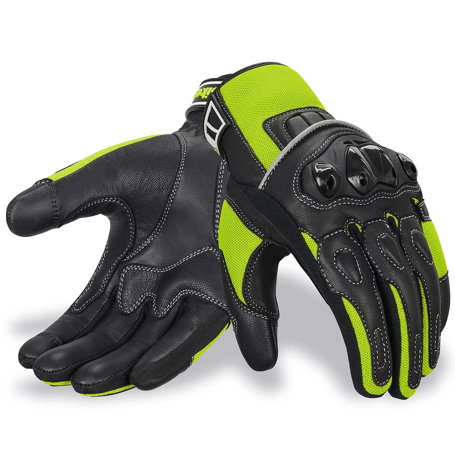Oro Biker Motorbike Motorcycle Gloves, Premium Leather and Summer Mesh Hard Knuckle Touch Screen Motorbike Gloves Racing ATV Riding Gloves for Men (Medium, Black/Fluorescent Green)