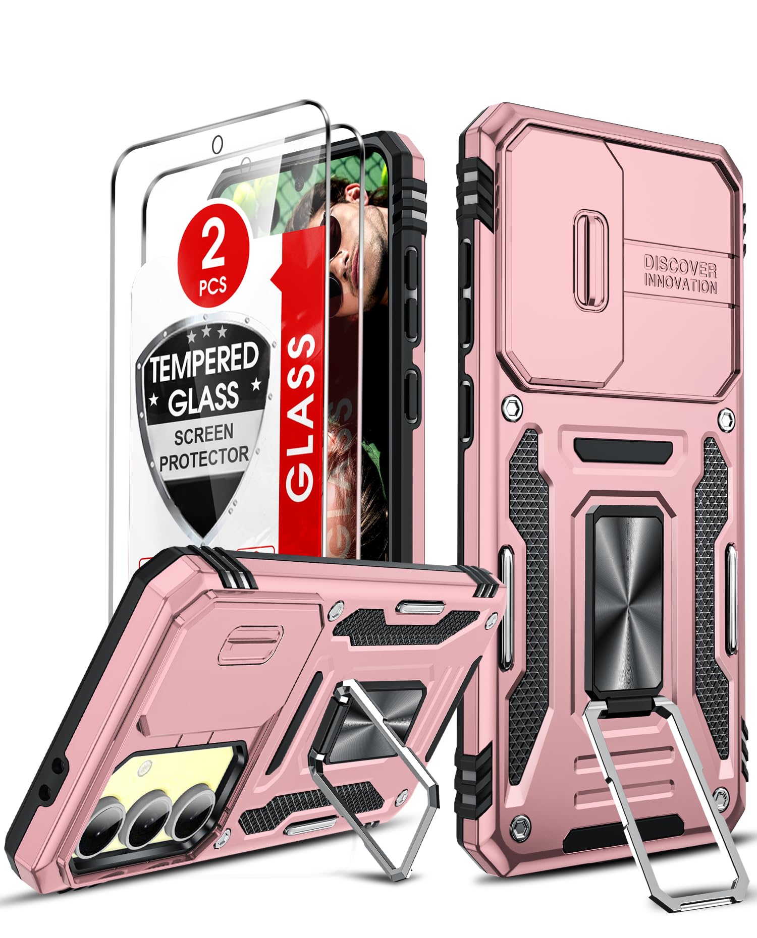 Photo 1 of LeYi Compatible for Samsung Galaxy S24-FE Case: Samsung S24 FE Case with [2PCS] Tempered Glass Screen Protector & Magnetic Stand, Camera Cover & Military-Grade for Women para S24FE, Rose Gold