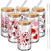 SiliFine 6 Pcs Valentine‘s Day Drinking Glasses 16 oz Hearts Glass Cup with Bamboo Lid and Straw Can Shaped Beer Glass Reusable Love Smoothie Cup for Women Teenager Valentine Party Birthday Gift
