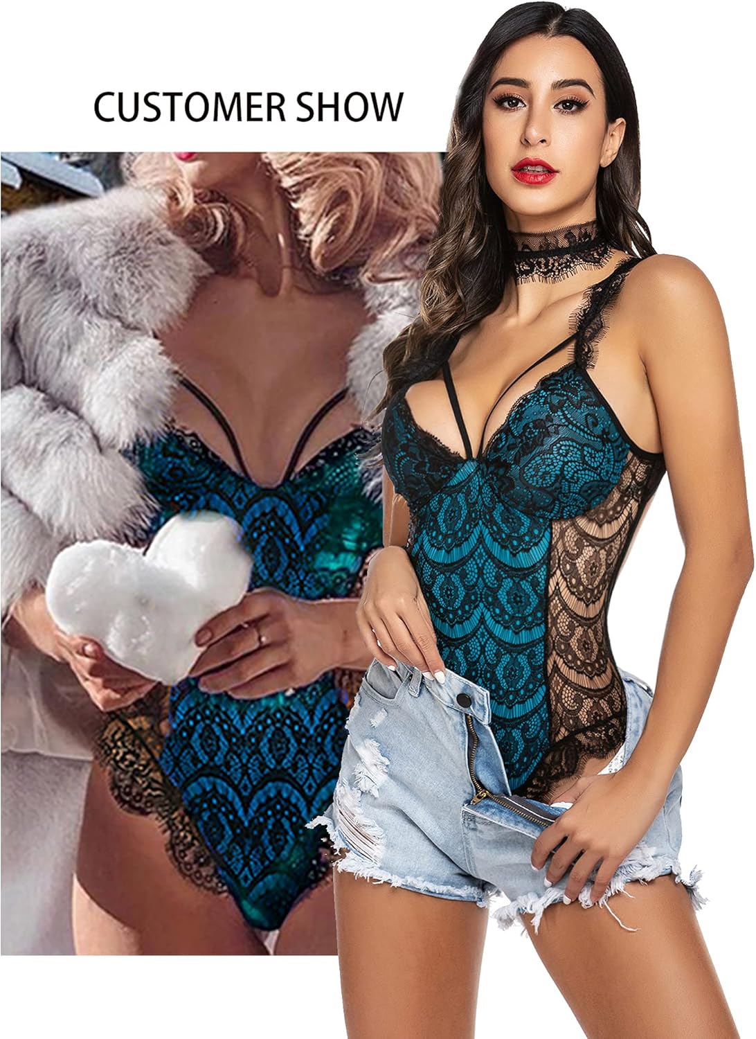 ADOME Womens Snap Crotch Lingerie Sexy Lace Bodysuit with Chocker Eyelash Teddy: Clothing