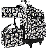 AGSDON Rolling Backpack for Girls, Women Roller Wheels Bookbag, Laptop Daisy Wheeled School Bag with Wheels for Teens
