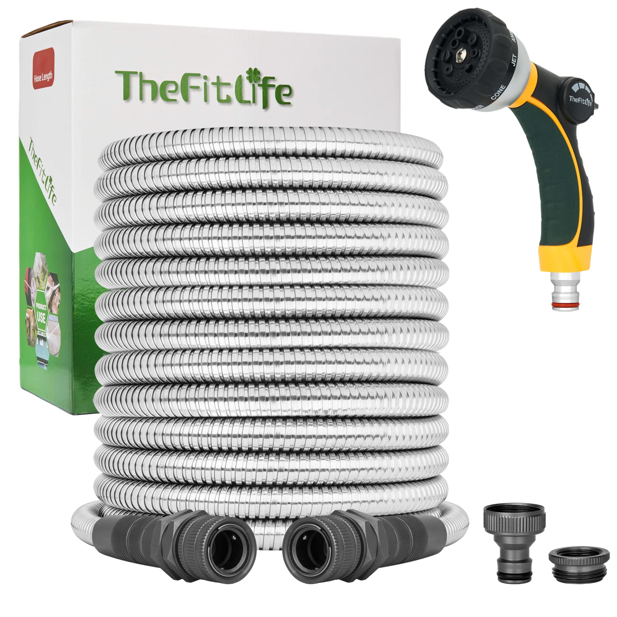 TheFitLife Metal Garden Hose Pipe - Flexible Stainless Steel Water Hose with Solid Fittings and Sprayer Nozzle - Leak Proof Kink Free, Anti-Rust, Large Diameter, Durable and Easy Storage (22m)