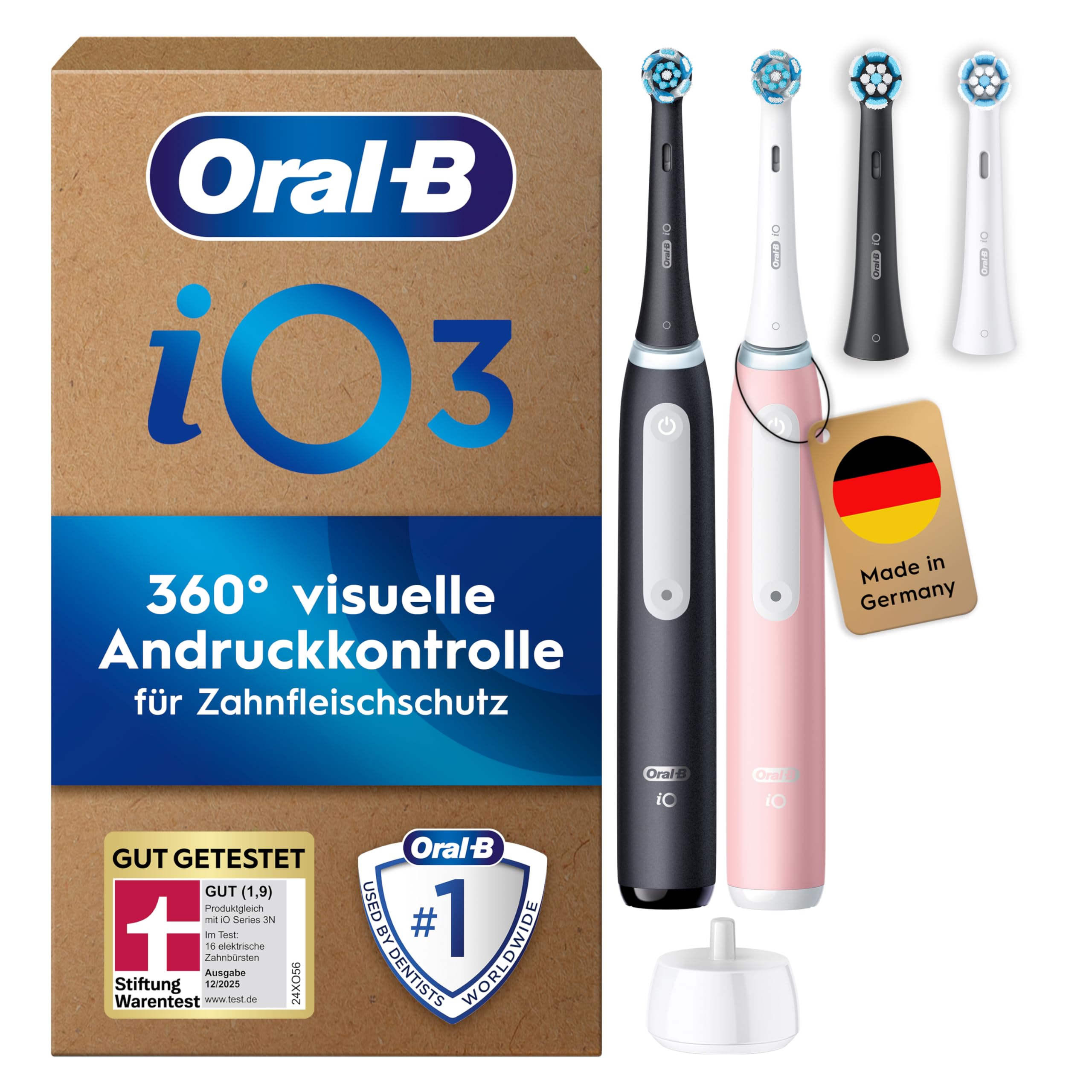 Oral-B iO Series 3 Elektrische Zahnbürste — Doppelpack — Electric Toothbrush, Inkl. 4 Aufsteckbürsten, 3 Putzmodi für Zahnpflege — Designed by Braun, GUT GETESTET von STIFTUNG WARENTEST, Schwarz/Rosa