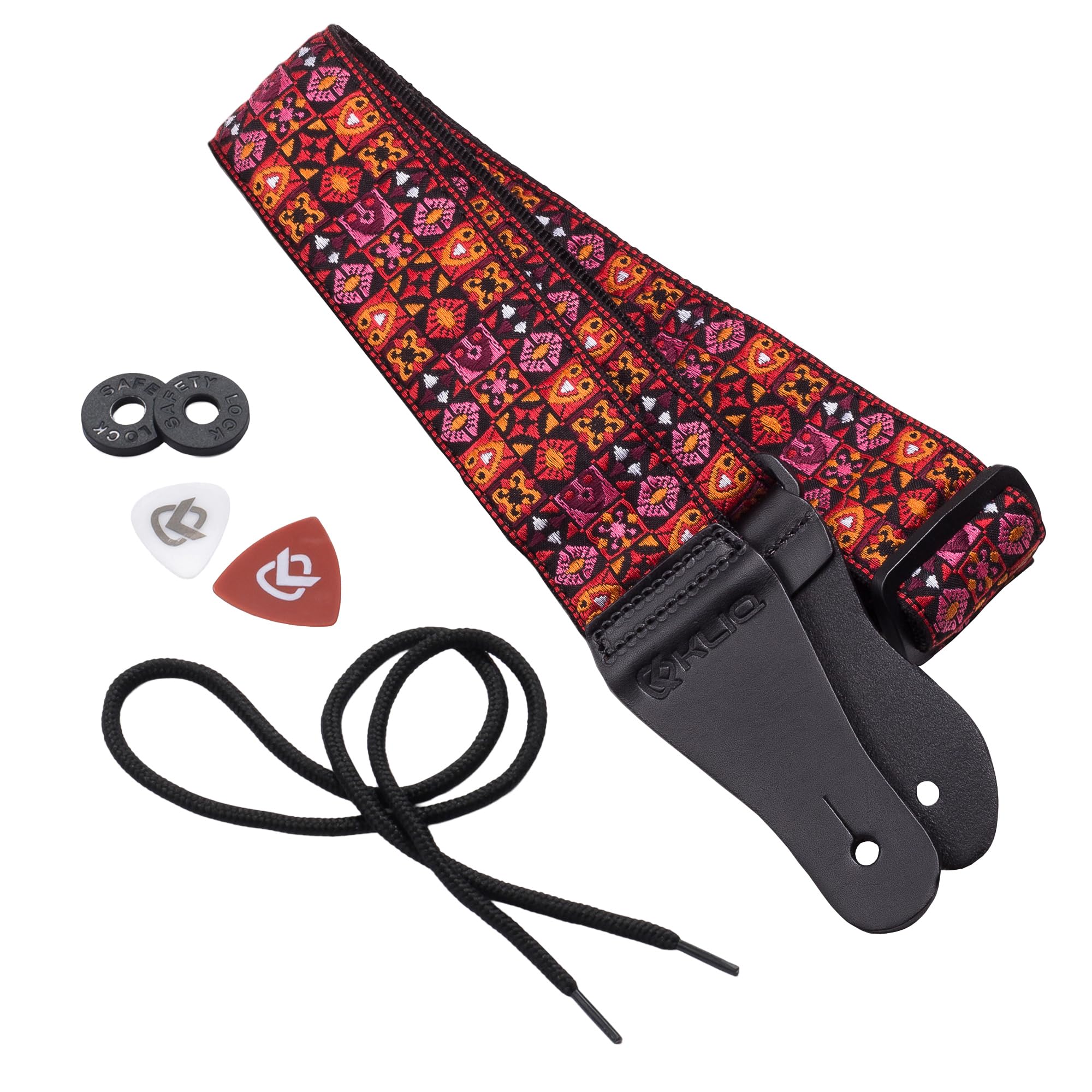 KLIQ Vintage Woven Guitar Strap for Acoustic and Electric Guitars + 2 Rubber Strap Locks, 2 Guitar Picks and 1 Lace | '60s Jacquard Weave Hootenanny Style | Woodstock Red