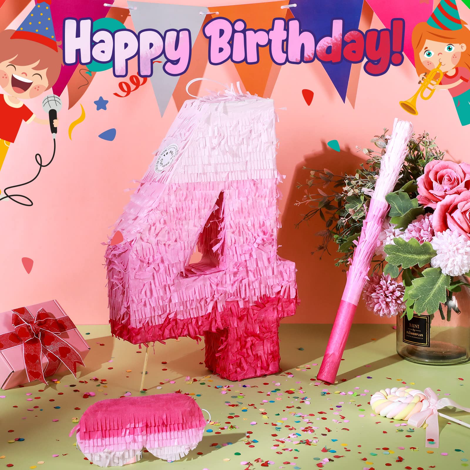 Sratte Number Piñata Pink Piñata Birthday Decorations Gradient with Stick Blindfold Confetti for Girls Boys Birthday Anniversary Party Decorations Supplies(Number 4)