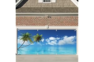 CSFOTO 7x16ft Hello Summer Garage Door Decorative Banner Blue Sky Beach Tropical Palm Tree Garage Decorative Mural Wallpaper Aloha Luau Theme Summer Outdoor Party Banner, GB-Sea0002
