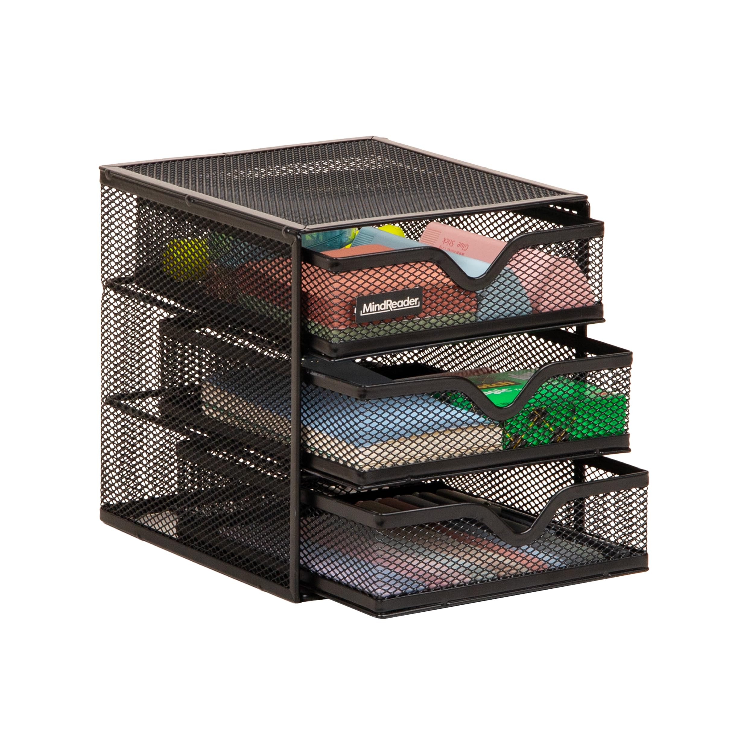Mind Reader Network Collection, 3-Drawer Accessory Storage, Desk Supplies, Memo Holder, Paper/Binder Clip Basket, Desktop Organizer, Metal Mesh, 6.25" L x 6.5" W x 6.5" H, Black