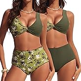 Hanna Nikole High Waisted Bikini Sets for Women, Color Block Swimsuits, Deep V Twist Front Bikini Top + Reversible Bottom