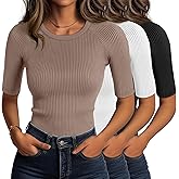 Huukeay 3 Pack Women's Half Sleeve Cotton Ribbed Shirts, Slim Fit Crew Neck Tops Basic Layer Solid Color Summer Work Tees