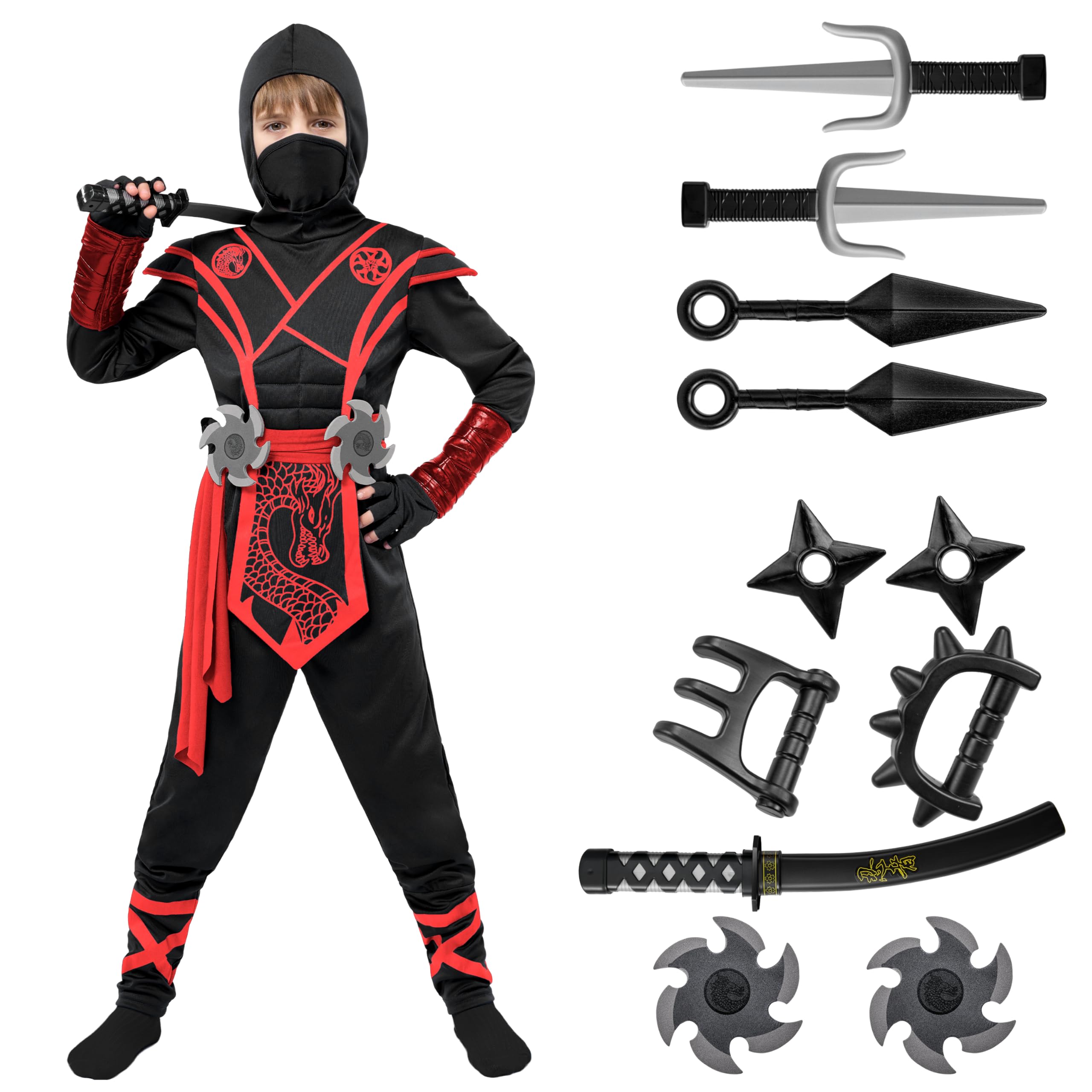 Photo 1 of Spooktacular Creations Halloween Ninja Costume Kids, Black Red Ninja Dragon Jumpsuit Set, Boys Halloween Costume for DressUp and RolePlay Party (Small, 5-7 yrs)