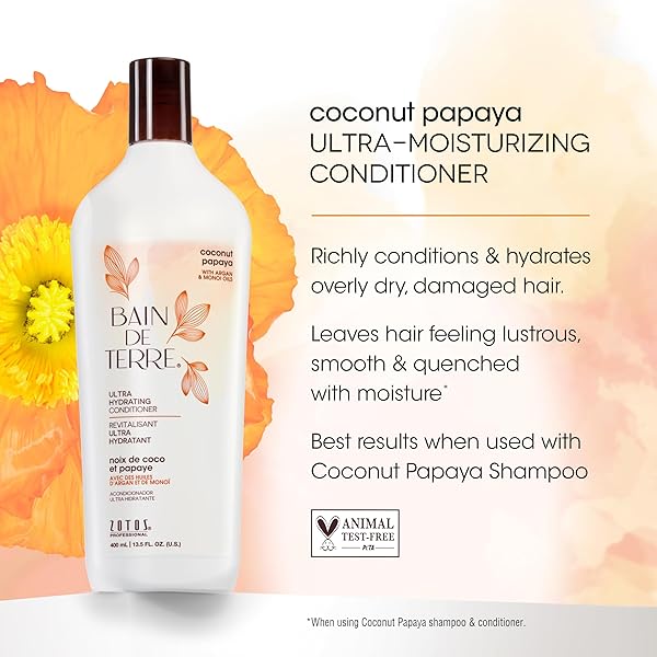 BAIN DE TERRE COCONUT PAPAYA ULTRA HYDRATING CONDITIONER, MOISTURE QUENCH FOR DRY, DAMAGED HAIR, WITH ARGAN & MONOI OILS, PARABEN-FREE, COLOR-SAFE, VEGAN, 13.5 FL OZ
