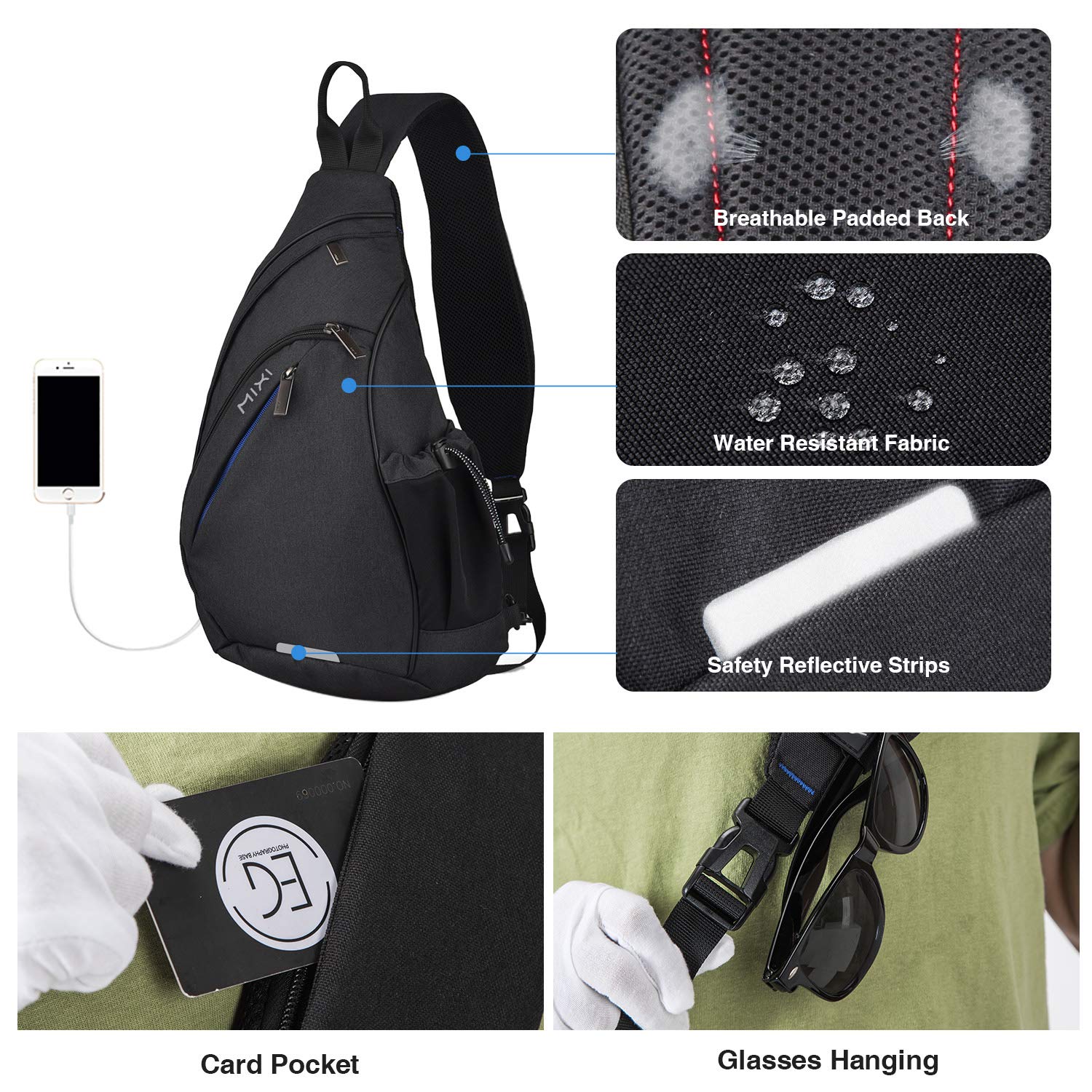Hanke Sling Bag Men Backpack Unisex One Shoulder Bag Hiking Travel Backpack Crossbody with USB Port Versatile Casual Daypack
