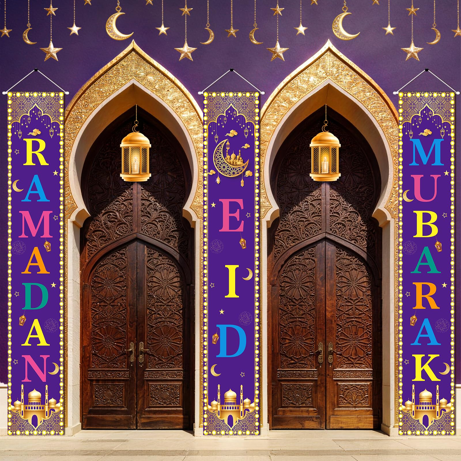 Photo 1 of 2 In 1 Ramadan Eid Mubarak Banner Decorations 3 Pcs Colorful Gold Ramadan Eid Mubarak Door Banner Porch Sign Decorations for Home Front Door Islamic Muslim Party Supplies Indoor Outdoor