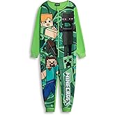 Minecraft Creeper Boys Green Zip-Up Onesie Long Sleeve Microfleece Sleepwear with Steve & Enderman Print Kids Gamer Nightwear