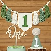 Ereniko Handmade Boho Green 1st Birthday High Chair Banner Decorations for Baby Boys First Birthday Hat With One Cake Topper Happy Birthday Photoshoot Props Photo Props