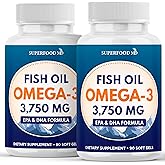 Triple Strength Omega 3 Fish Oil 3750 mg - EPA & DHA - Over 3000mg Omega-3 Fatty Acids - 1350mg EPA + 900mg DHA - Best Essential Fatty Acids, Burpless Fish Oil - 180 Count