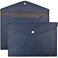 VANRA 1 Piece PU Leather File Folders A4 Document Holder File Envelope Waterproof Portfolio Filing File Organizer for Letter Size with Snap Button Closure (Navy Blue)
