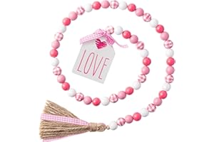 2ooya Valentine's Day Wood Beads Garland Tassel 41.2 Inch Farmhouse Pink Plaid Wood Bead with Jute Rope Plaid Love Tag Rustic Wood Beads Tiered Tray Wall Hanging Décor for Proposals Wedding Party