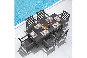 TenKa 7 Piece HDPE Patio Furniture Set for 6, Dining Table and Chairs, Outdoor Table with Umbrella Hole, Outdoor Dining Set for Garden, Backyard, Lawn, and Poolside