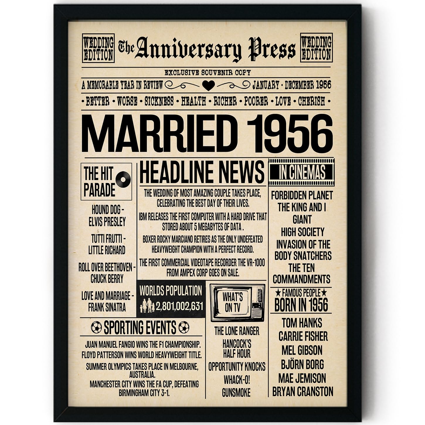 Stuff4 70th Anniversary Poster Framed - Married In 1956 Newspaper - Happy 70th Wedding Anniversary for Men Women Vintage Gifts Retro Back In 1956, 8x10 Inch Anniversaries Posters