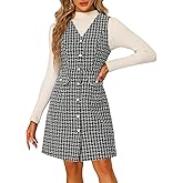 Allegra K Women's Pinafore Dress V Neck Button Down Pockets Vintage Sleeveless Plaid Tweed Dress