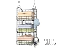Sonyabecca 3-Tier Hanging Closet Organizer, Foldable Cabinet Wire Storage Basket Bins with 5 S Hooks, Closet Shelves & Hanging Closet Shelf for Clothing, Sweaters, Handbags, Hats