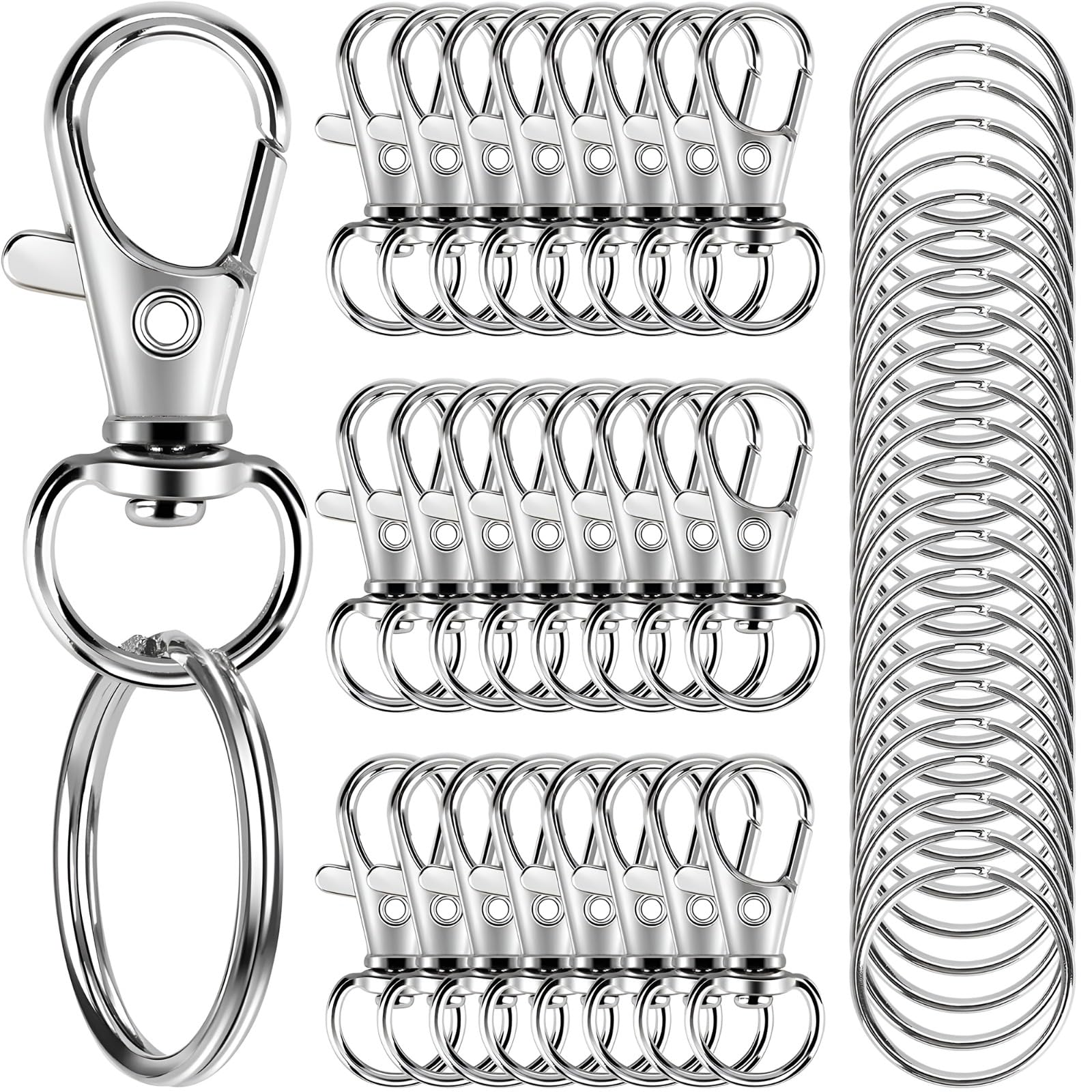 100Pcs Swivel Lobster Clasps & Key Ring Hoops with Plastic Box,50Pcs Metal Clips and 50Pcs Keyring Key Chain Hooks with Split Rings for Jewellery Making Hanging Crafts,Silver