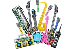 TANLADE 12 Pieces Inflatable Instruments Party Props Rock Star Toy Set Blow Up Guitars Inflatable Saxophone Bass Lute Microphones Mobile Phone Recorder Piano for 80s 90s Themed Party Photo Booth Decorations