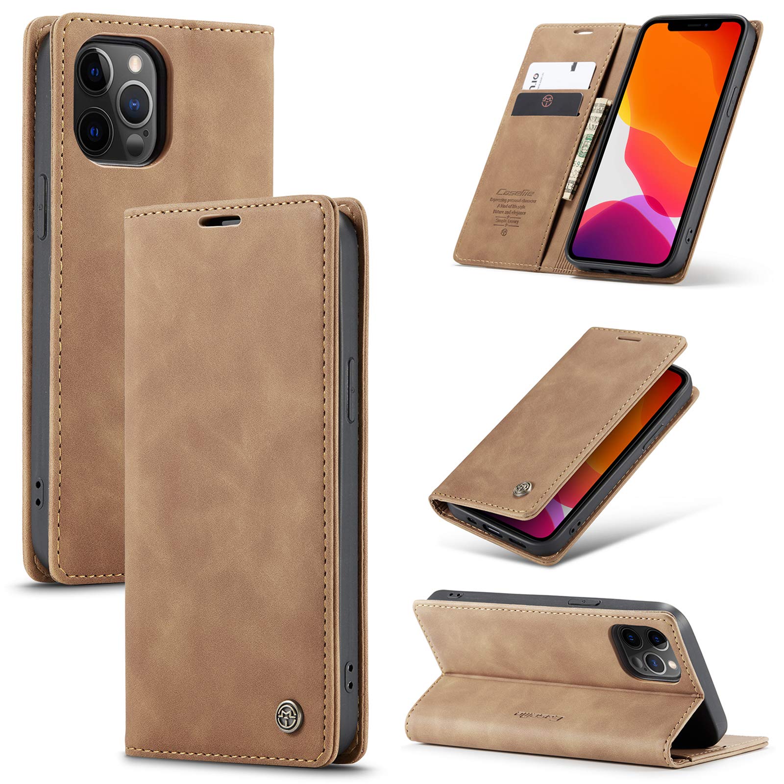 UFinetech Case for iPhone 12 Pro Max, Shockproof Anti-scratch Cover with iPhone 12 Pro Max (6.7”), Leather TPU Slim Soft Flip Folio Magnetic Closure Kickstand Card Holder Wallet Camera Protector,Brown