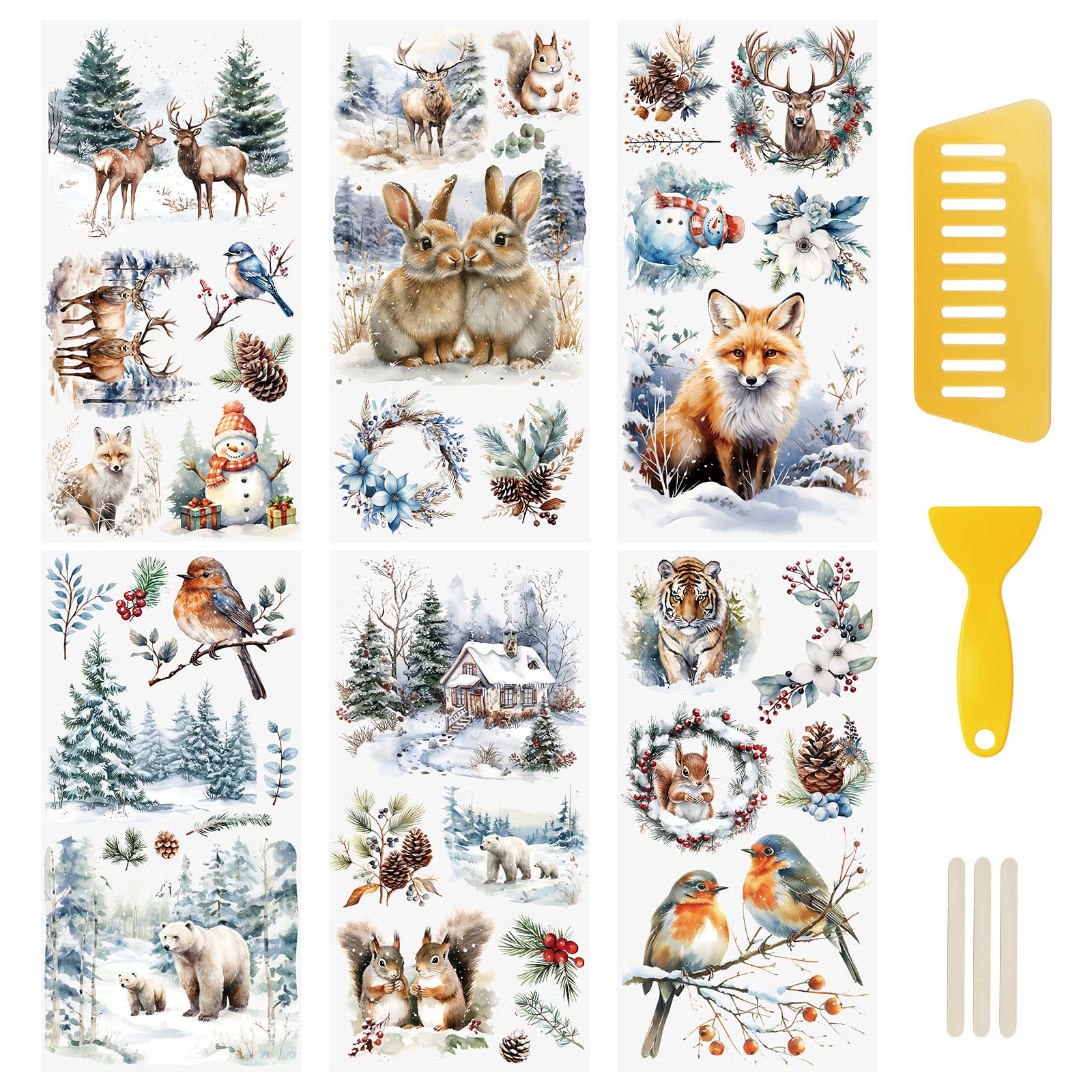 WANDIC 6 Sheets Rub On Transfer Sticker, Winter Snow Elk Sticker Decal for DIY Scrapbooking Photo Albums furniture,15 * 30cm