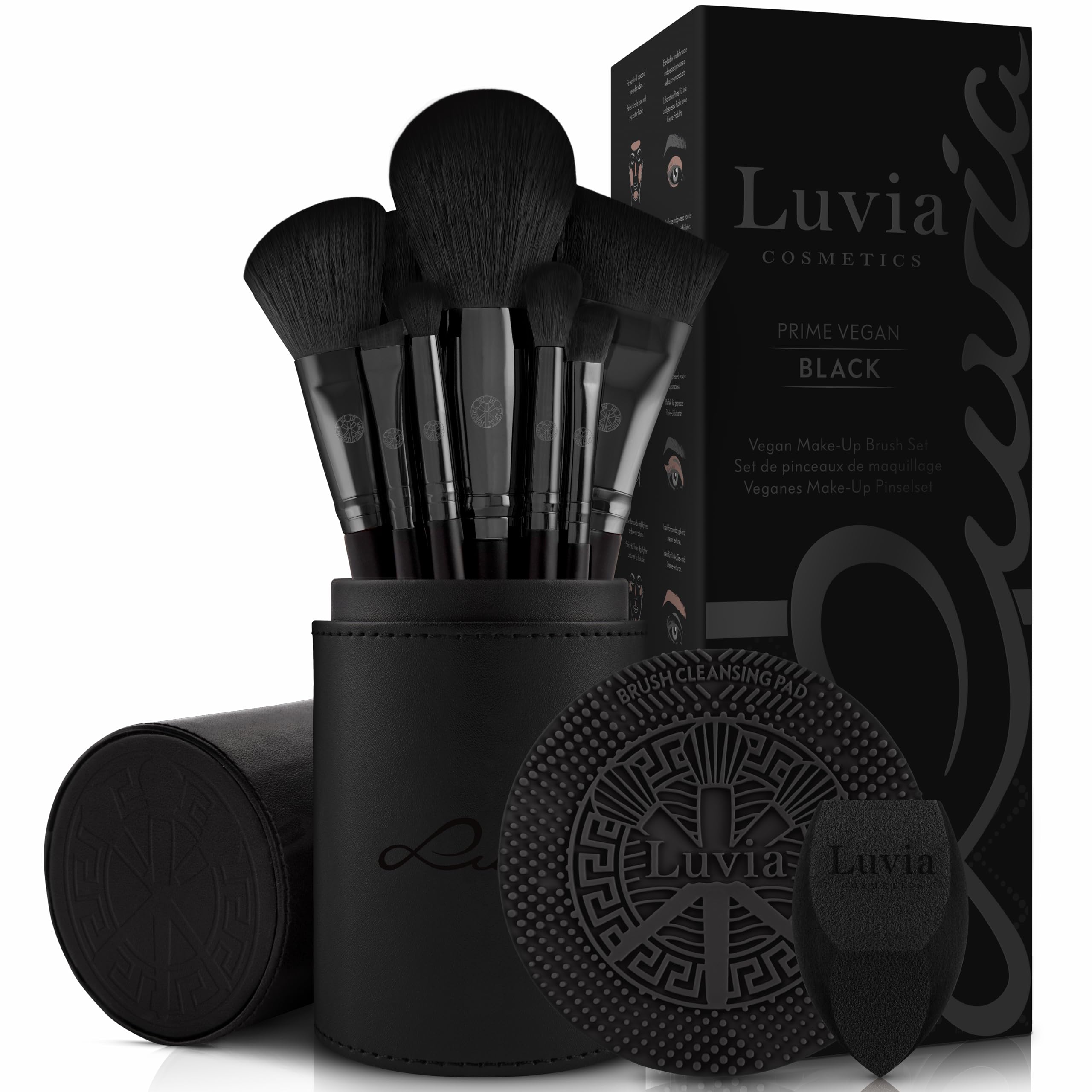 Luvia Prime Vegan Pro Make-Up Brush Set, Black, 12 Makeup Brushes Including Brush Storage, Blender Sponge & Cleaning Mat for Cosmetic Brushes, Black & Rose Gold