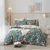 PinkMemory Green and White Floral Duvet Cover King 100% Cotton Reversible Green and White Flower Pattern Bedding Set King with Pillowcases for Teens Adult Zipper Closure