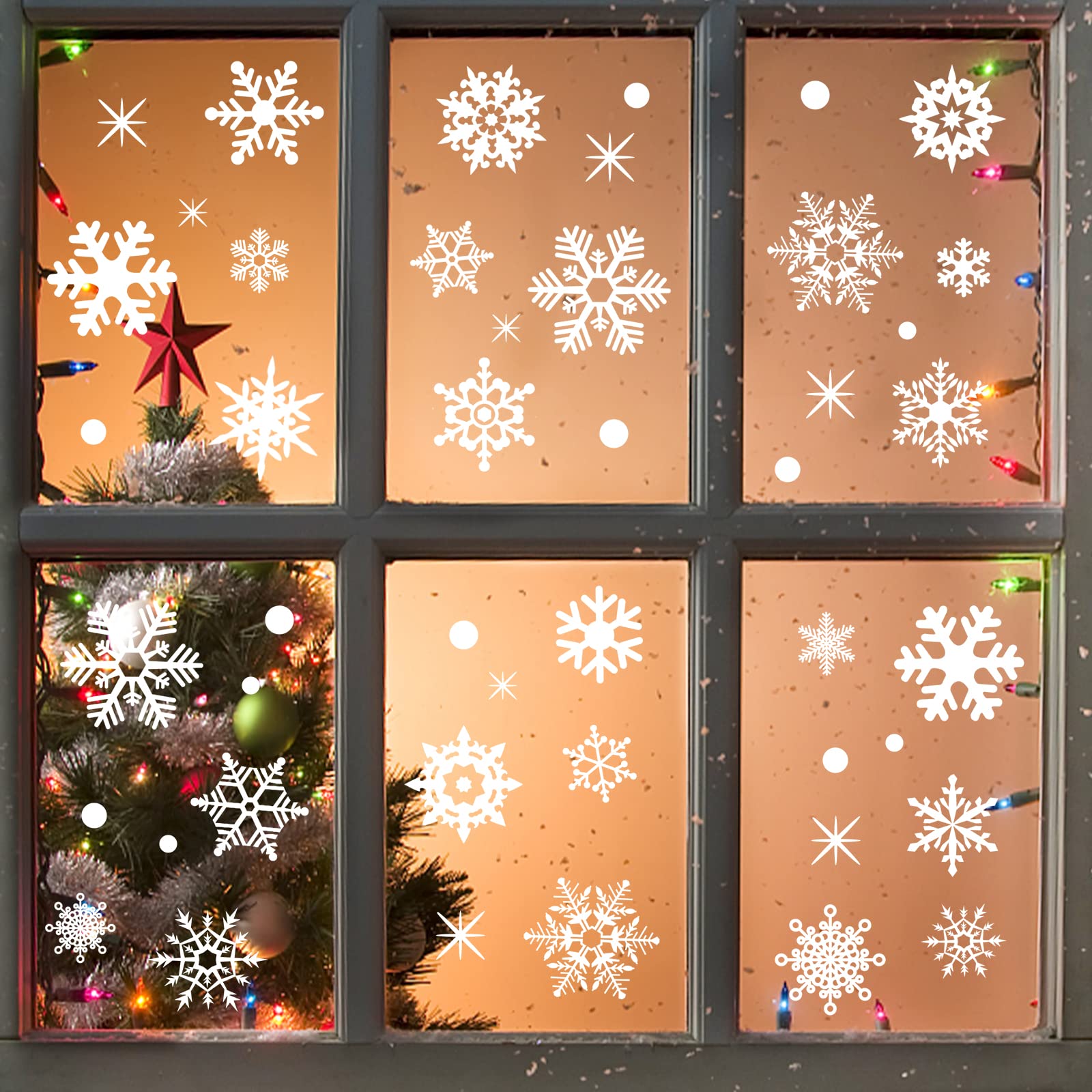 Nepfaivy Christmas Snowflake Window Decorations Stickers - 155Pcs Reusable Christmas Window Stickers, Removable Static Xmas Window Stickers, Snowflakes Window Clings for Christmas Decorations