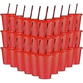 Rtteri 30 Pieces Reusable Cups with Lids and Straws 16 oz Glitter Iced Coffee Tumbler Plastic Travel Mug Cup for Smoothie Juices Valentine's Day, Birthdays, Flamingo Party Bachelor Party(Red)