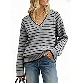 ARCTHLEX Women's Striped Knit Sweater Long Sleeve Pullover Womens V Neck Tops Classic Soft Loose for Spring Fall Winter