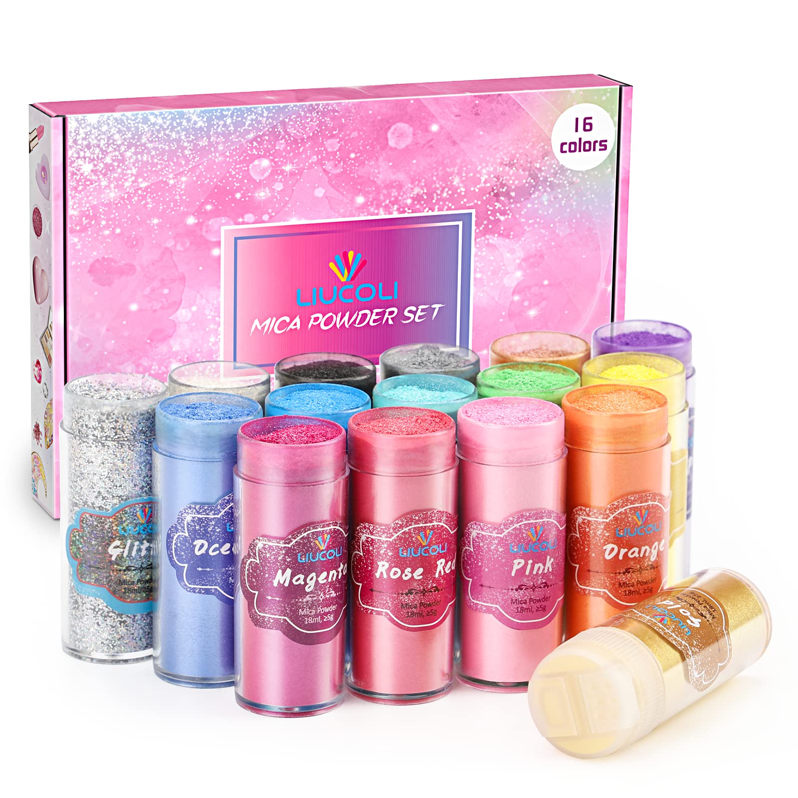 Mica Powder, Candle Dye 18ml*16 Colour - LIUCOLI Natural Metallic Epoxy Resin Pigment Glitter for Making Soap, Wax Melts Kit, Slime, Cosmetics, Nail Art