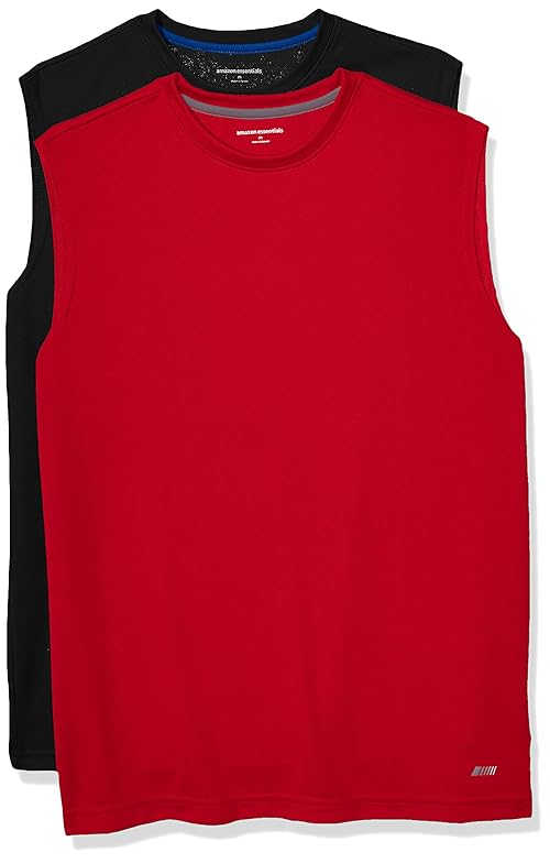 Amazon Essentials Muscle Shirts Men Pack of 2, Active Performance Tech Tank Tops Black/Red